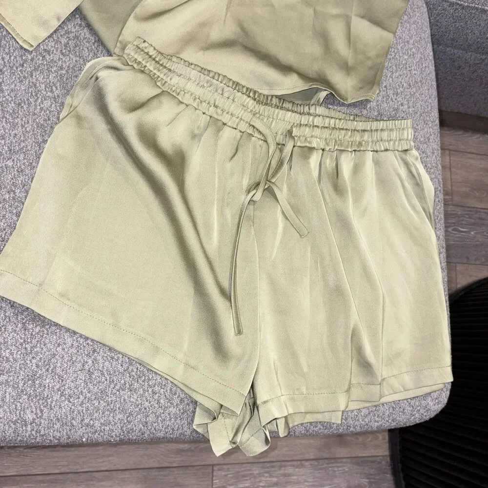 Light Olive Green Satin Tie Front Blouse & Shorts Set XL